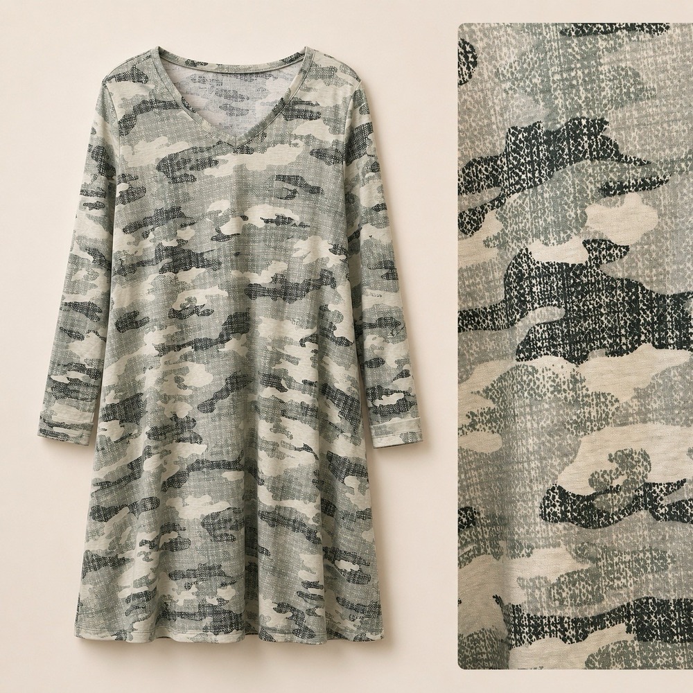 Lularoe Emily Camo Swing Dress XL Green Gray V-Neck Longs Sleeve Stretch Casual‎